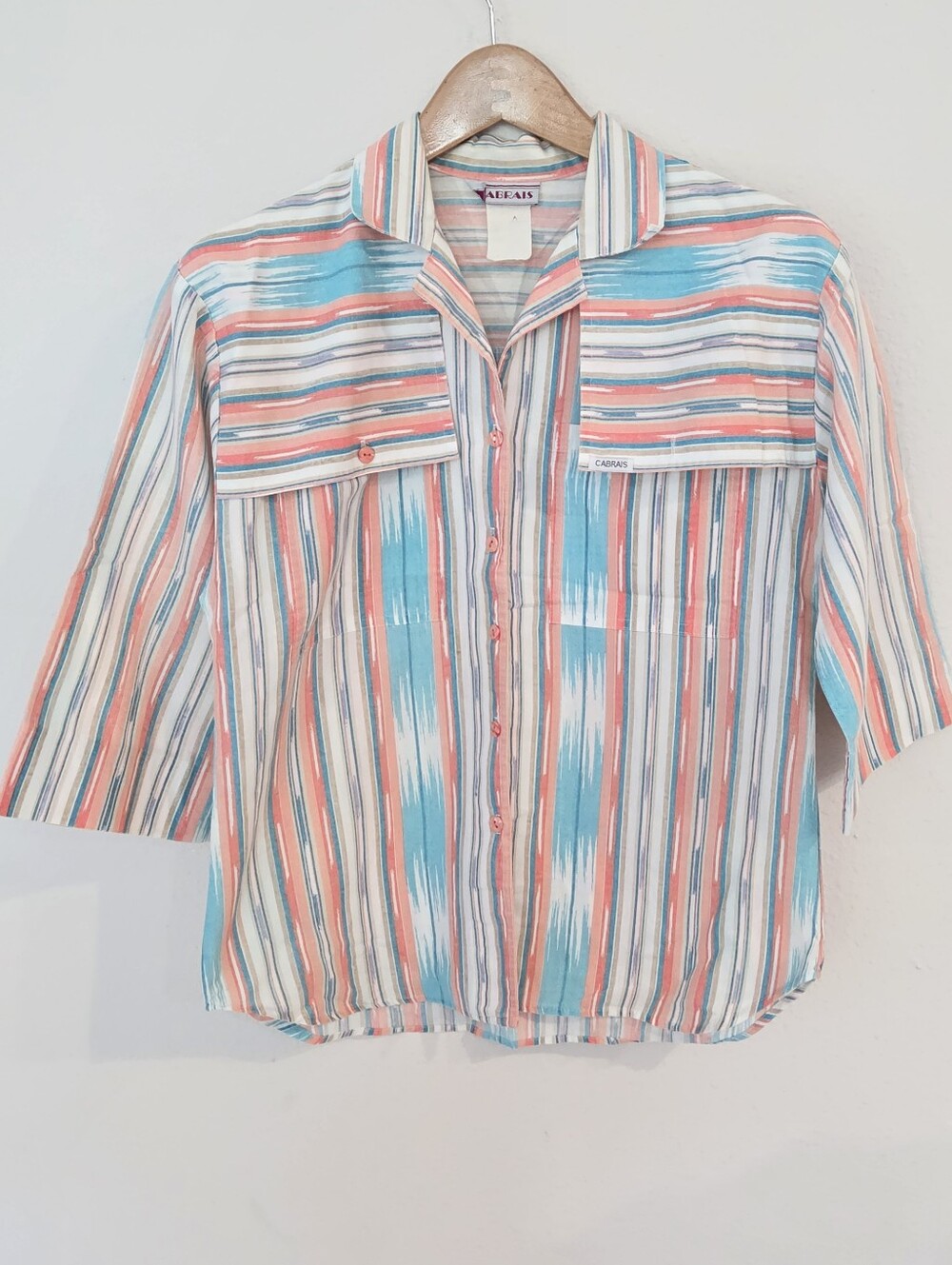 Vintage Cabrais Relaxed Stripe Button Down Shirt Coral Top